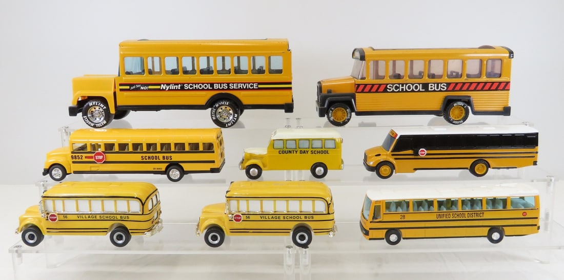 8 Assorted School Bus Diecast and Collectibles: 8 Assorted School Bus Diecast and Collectibles - 1981 Buddy L metal & plastic open top 9.5", Nylint open top metal and plastic 11.5", Tins-Toys (China)- working friction 7" metal & plastic, Thomas Saf