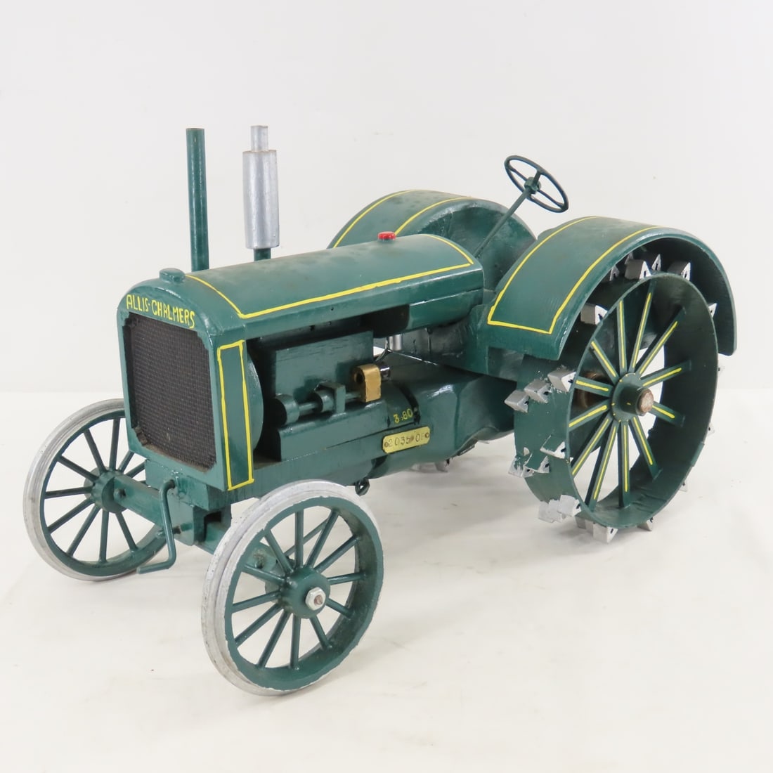 Marvin Kruse Wood Allis-Chalmers 20-35 Tractor: Marvin Kruse Wood Allis-Chalmers 20-35 Tractor - scratch built with brass tag "2035-08" and other brass tag "Hand made by Marvin Kruse Hartington Nebr", stamped 3.80, Marvin Kruse- Replicas of