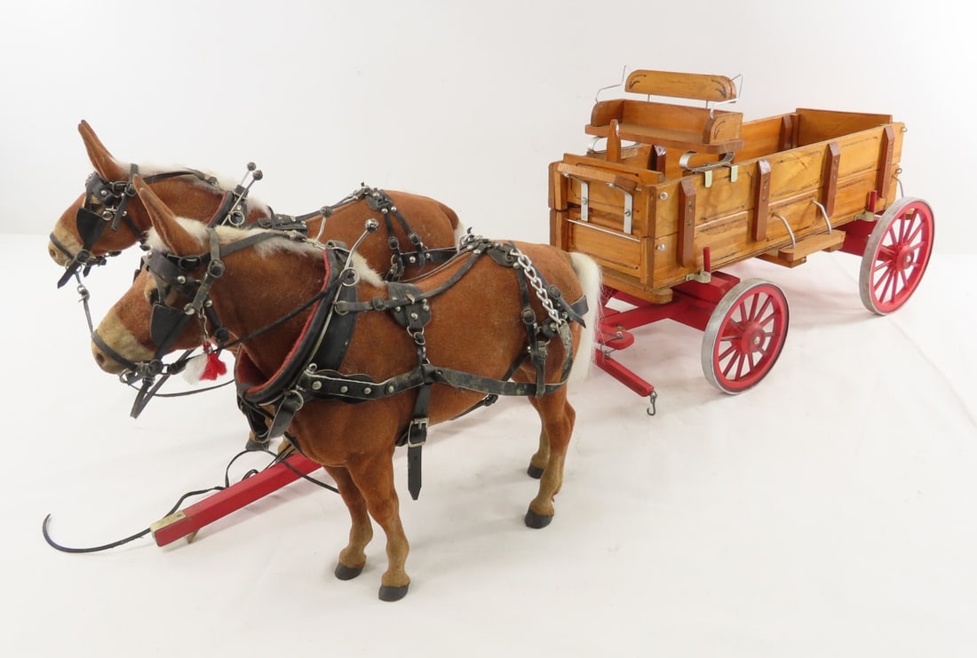 Scratch Built Farm Wagon with 2 Horse Team: Scratch Built Farm Wagon with 2 Horse Team - 2 unmarked plastic felt horses 9" tall, 15" long wood wagon, approx 1/12 scale LOT SIZE: 15x15x10" 4 LBS All information and photos, which are part of the