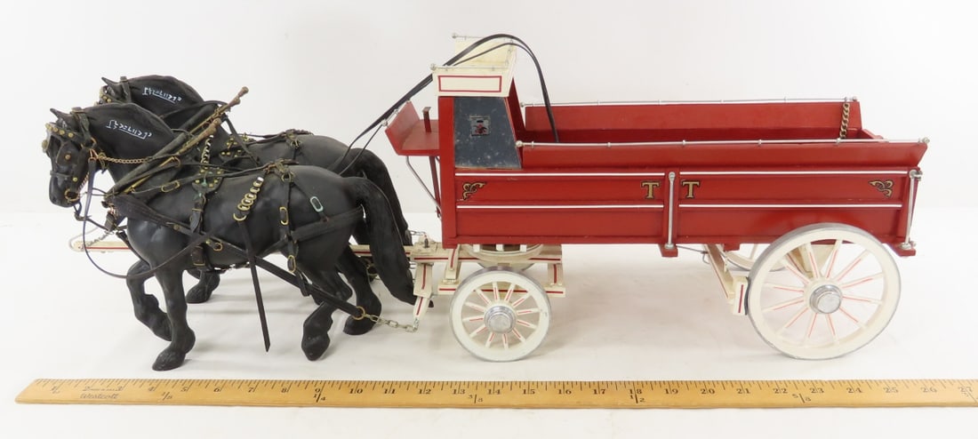 Scratch Built Red Farm Wagon with 2 Horse Team - 2