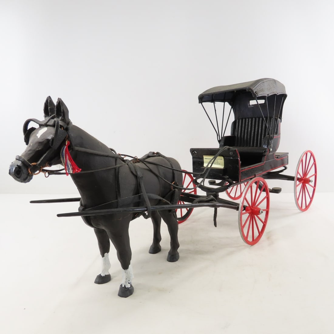 Marvin Kruse Custom Wood Buggy & Carved Horse: Marvin Kruse Custom Wood Buggy & Carved Horse - canopy and harness is leather everything else is wood, sticker, Marvin Kruse- Replicas of Yesteryear from Hartington, NE, scratch built hand made 1/10