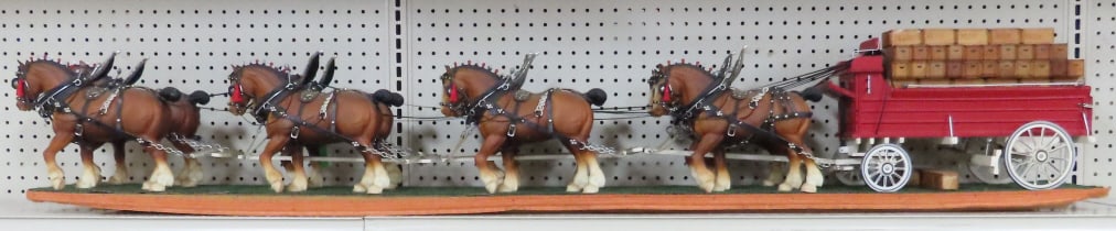 Custom Beer Wagon with 8 Horse Team: Custom Beer Wagon with 8 Horse Team - mounted on board, plastic horses, wood wagon with plastic wheels and wood beer "crates". LOT SIZE: 67x9x11", approx 25 LBS. Freight or White glove delivery- $300