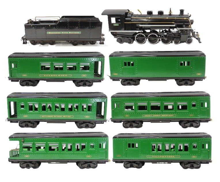 Buddy L RR Garden Scale Engine, Tender & 6 Cars: Buddy L RR Garden Scale Engine, Tender & 6 Cars - built by Moline Pressed Steel. #5344 Hudson 4-6-4 Steam Engine with working bell, Mississippi River Railroad Tender, #2013 Gettysburg National Militar