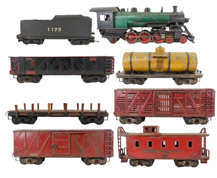 Buddy L Garden Scale Engine, Tender & 6 Cars: Buddy L Garden Scale Engine, Tender & 6 Cars - Buddy L Outdoor Railroad 4-6-2 Prairie Steam Engine with working bell and has been repainted is 27x10x7" 18 LBS, #1173 tender looks to be repainted is