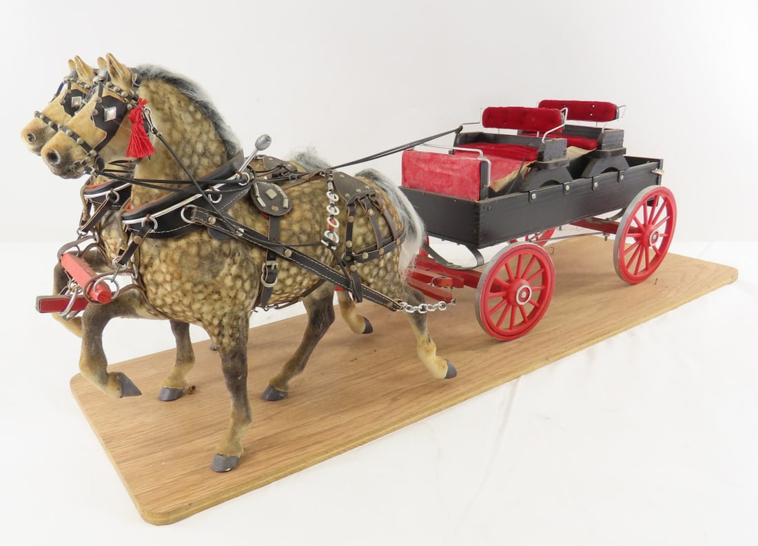 Custom Made Horse Drawn Double Seat Wagon: Custom Made Horse Drawn Double Seat Wagon - wood wagon with plastic wheels, dapple felted plastic horses, mounted on board. LOT SIZE: 27x9x11" 5 LBS All information and photos, which are part of the