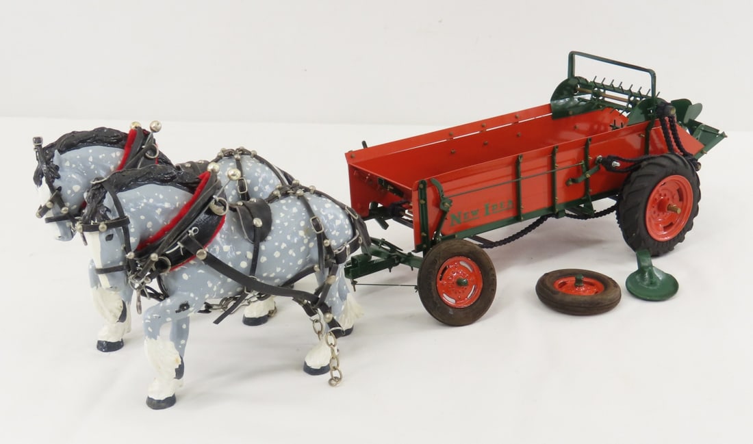 Custom New Idea Horse Drawn Manure Spreader: Custom New Idea Horse Drawn Manure Spreader - 2 hand made wooden painted dapple grey horses with leather harnesses, manure spreader is Scratch built- damaged front axle, 1/16 scale metal and wood.