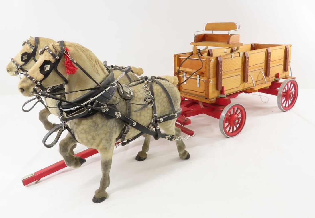 Custom 2 Horse Drawn Farm Wagon: Custom 2 Horse Drawn Farm Wagon - 2 dapple grey felted plastic horses with leather harnesses, wood box wagon and frame with plastic wheels, unmarked, 1/16 scale, LOT SIZE: 17x16x10", 6 LBS All informa