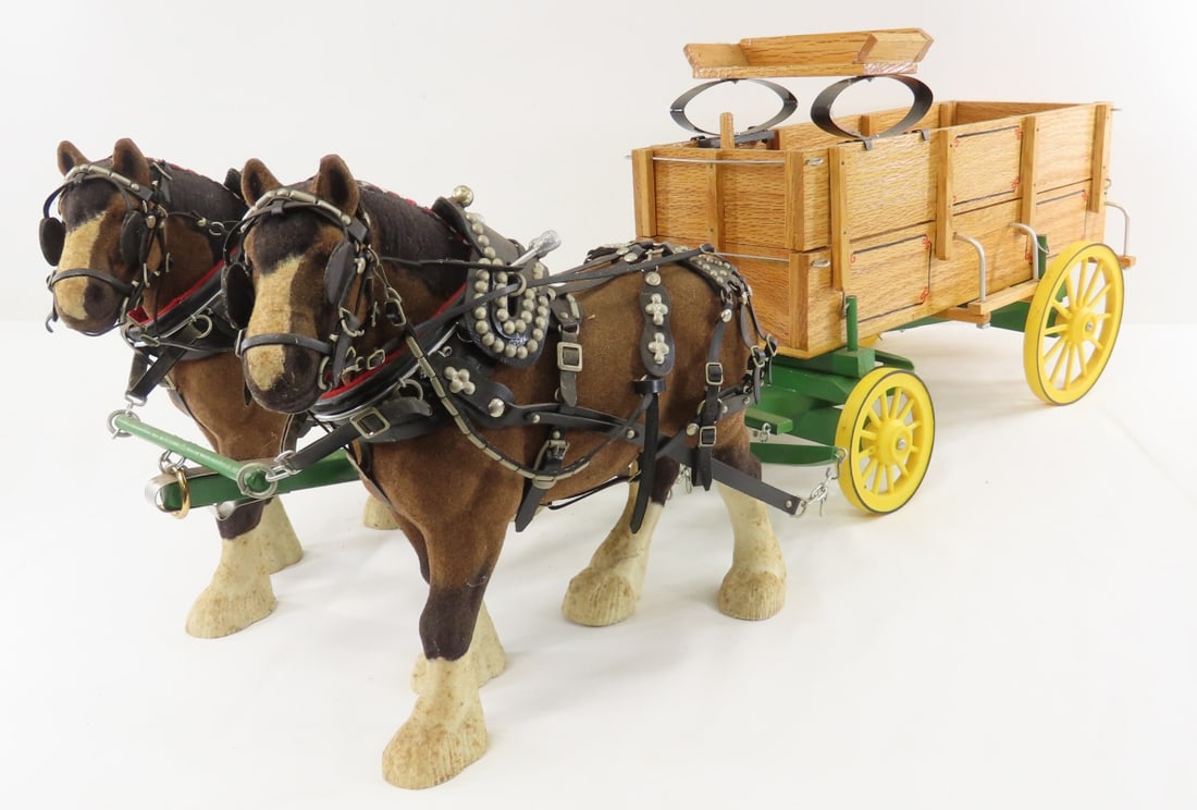 Custom 2 Horse Drawn Farm Wagon: Custom 2 Horse Drawn Farm Wagon - 2 felted plastic horses with leather harnesses, wood box wagon and frame with plastic wheels, unmarked, 1/16 scale, LOT SIZE: 17x16x10" 6 LBS All information and phot