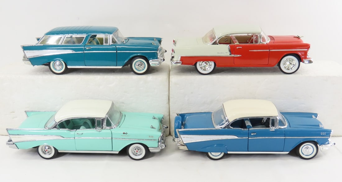 3 Road Tough & 1 ERTL 1950's Chev 1/18 Model Cars: 3 Road Tough & 1 ERTL 1950's Chev 1/18 Model Cars - Road Tough '55 & '57 Chev Bel Airs, Road Tough '57 Chev Nomad, and ERTL '57 Chev Bel Air, LOT SIZE: 18x11x4" 8 LBS All information and photos, which