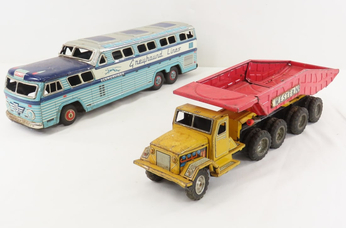 KK Japan Tin Litho Greyhound Bus & Alps Truck: KK Japan Tin Litho Greyhound Bus & Alps Truck - Greyhound is a friction toy- working (slowly), Alps Western dump truck works, LOT SIZE: 17X11X5" 3 LBS All information and photos, which are part of the