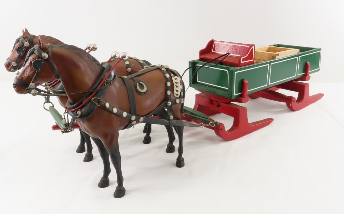 1978 Bud Berge Scratch Built 2 Horse Bob Sled: 1978 Bud Berge Scratch Built 2 Horse Bob Sled - wood bob sled box not attached to sled and has loose boxes in back, 2 Breyer hoses with leather harnesses. LOT SIZE: 24x6x10" 4 LBS All information and 