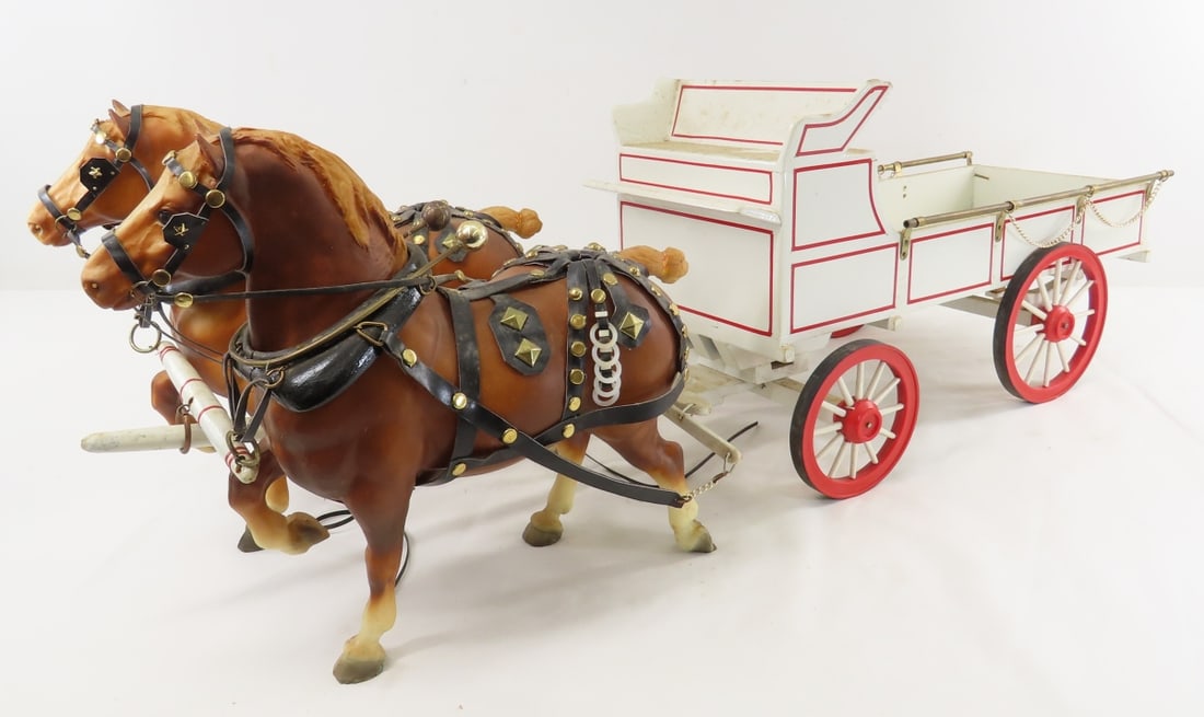 1979 Bud Berge Custom Wagon with 2 Horse Team: 1979 Bud Berge Custom Wagon with 2 Horse Team - signed on bottom of wood wagon. 1 support has separated on axle- just needs a little glue. 2 Breyer plastic horses, approx 1/8 scale. LOT SIZE: