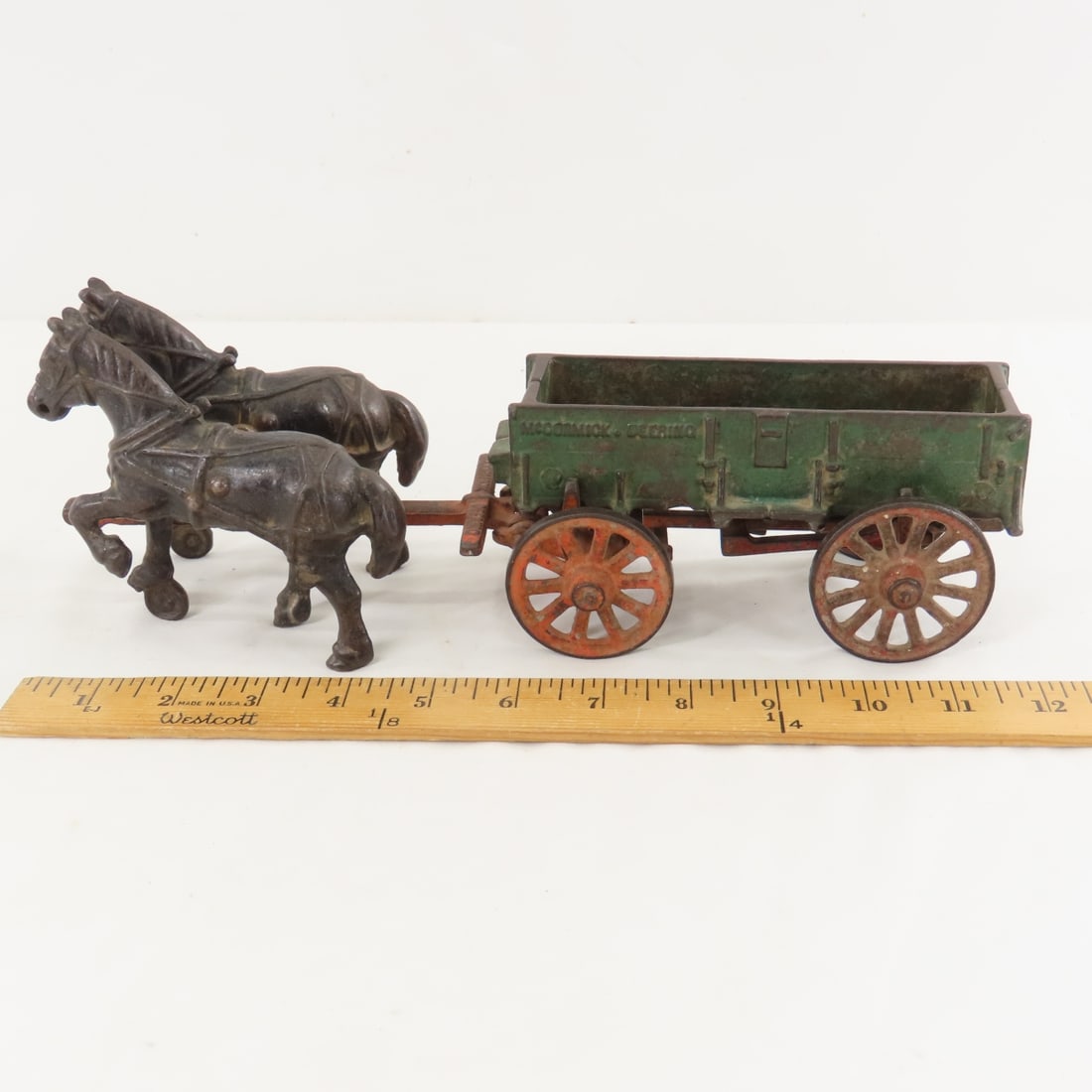 2 Arcade Cast Iron Farm Wagons & 2 Horses - 2