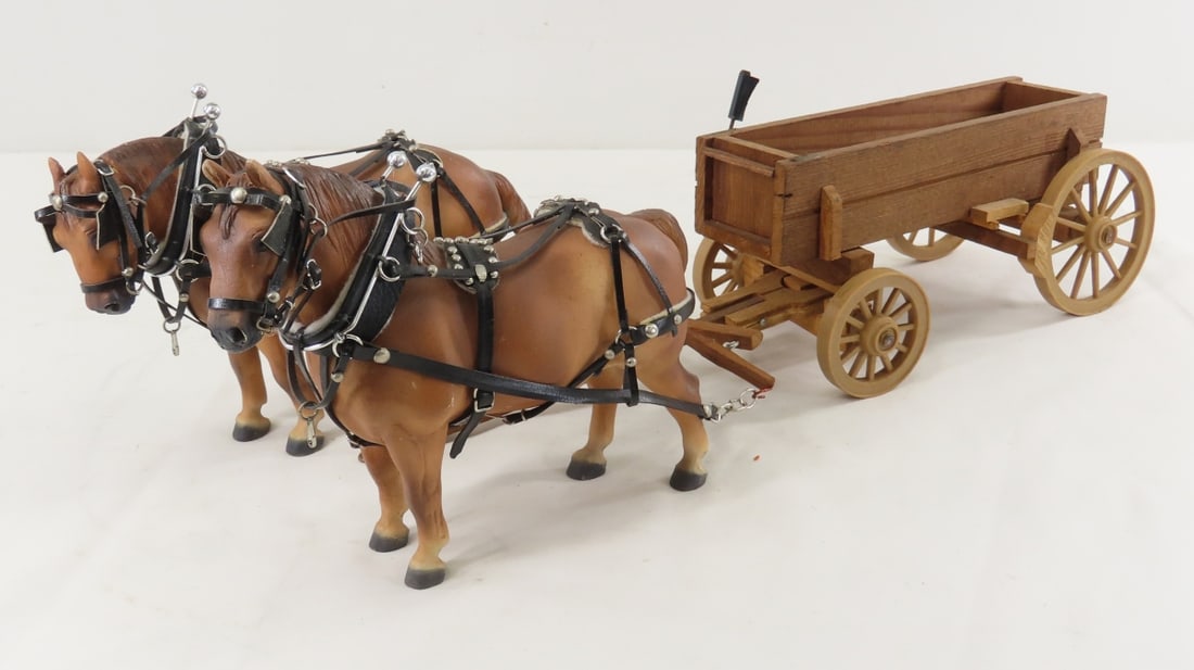 Custom Carol Herden Horses with Wood Wagon: Custom Carol Herden Horses with Wood Wagon - custom resin horses with leather harnesses, 8" wooden farm wagon with plastic wheels, LOT SIZE: 15x7x7" 2 LBS All information and photos, which are part of