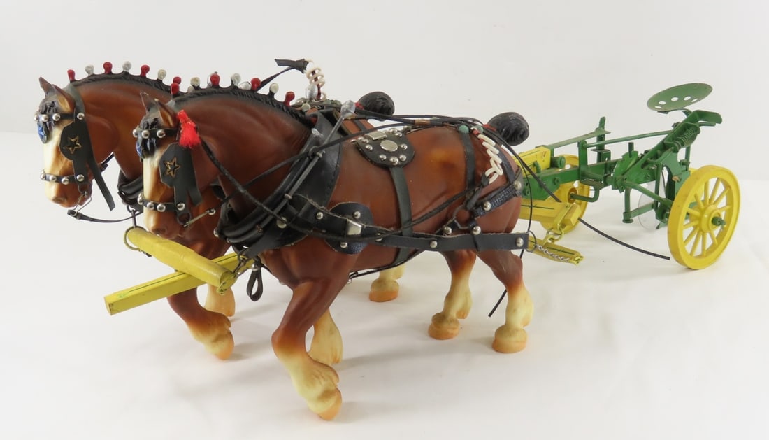 Custom John Deere Horse Drawn Seated Plow: Custom John Deere Horse Drawn Seated Plow - 2 plastic Breyer horses with leather harnesses, approx 1/8 scale wood and metal single bottom plow with plastic wheels. LOT SIZE: 24x9x9" 4 LBS All