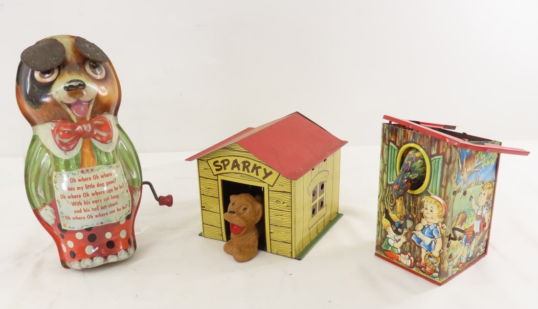3 Vintage Tin Litho Toys for Repair: 3 Vintage Tin Litho Toys for Repair - 1950's Mattel music wind-up dog- not working, German LBZ wind-up bird mechanical bank- incomplete- not working, Byron Products battery operated SPARKY- not