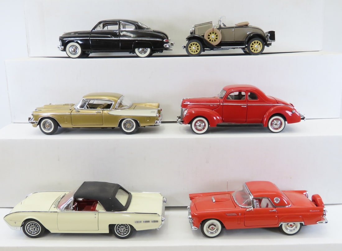 6 Danbury Mint 1/24 Diecast Cars: Thunderbird: 6 Danbury Mint 1/24 Diecast Cars: Thunderbird - 1949 Mercury Club Coupe, 1940 Ford Deluxe Coupe, 1956 Ford Thunderbird, 1957 Studebaker Golden Hawk, 1962 Ford Thunderbird, 1931 Ford Model A. LOT SIZE: