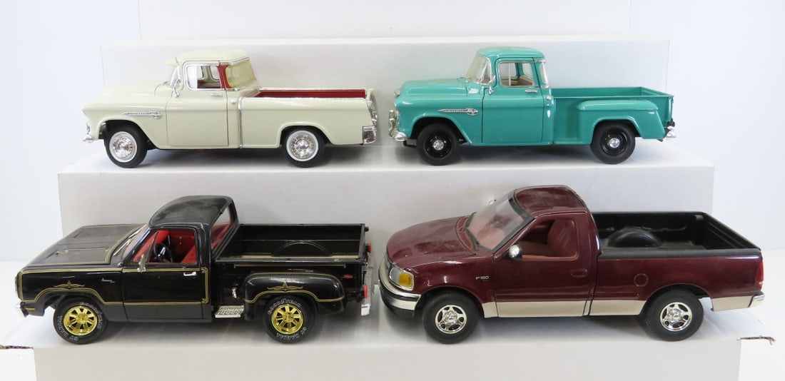 4 ERTL 1/18 Diecast Trucks: Dodge, Chevy & Ford: 4 ERTL 1/18 Diecast Trucks: Dodge, Chevy & Ford - (2)1955 Chevrolet Pickup, 1978 Dodge Warlock, Ford F-150. LOT SIZE: 12x10x9" 9 LBS All information and photos, which are part of the description, are 