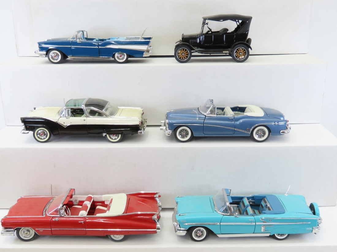 6 Danbury Mint Diecast Cars: Fairlane, Cadillac: 6 Danbury Mint Diecast Cars: Fairlane, Cadillac - all 1/24 scale, 1957 Chevrolet Bel Air, 1955 Ford Fairlane, 1958 Chevrolet Impala, 1953 Buick Skylark, 1959 Cadillac, 1925 Ford Model T Touring Car Li