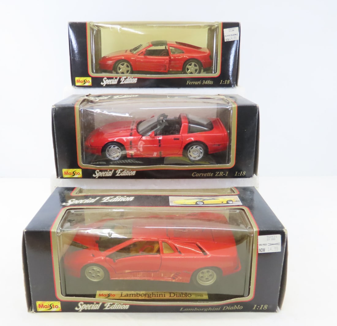 3 Maisto 1/18 Diecast Cars in Boxes: 3 Maisto 1/18 Diecast Cars in Boxes - 1990 Lamborghini Diablo Special Edition, Ferrari 348ts Special Edition, Corvette ZR-1 Special Edition. LOT SIZE: 15x13x6" 7 LBS All information and photos, which 