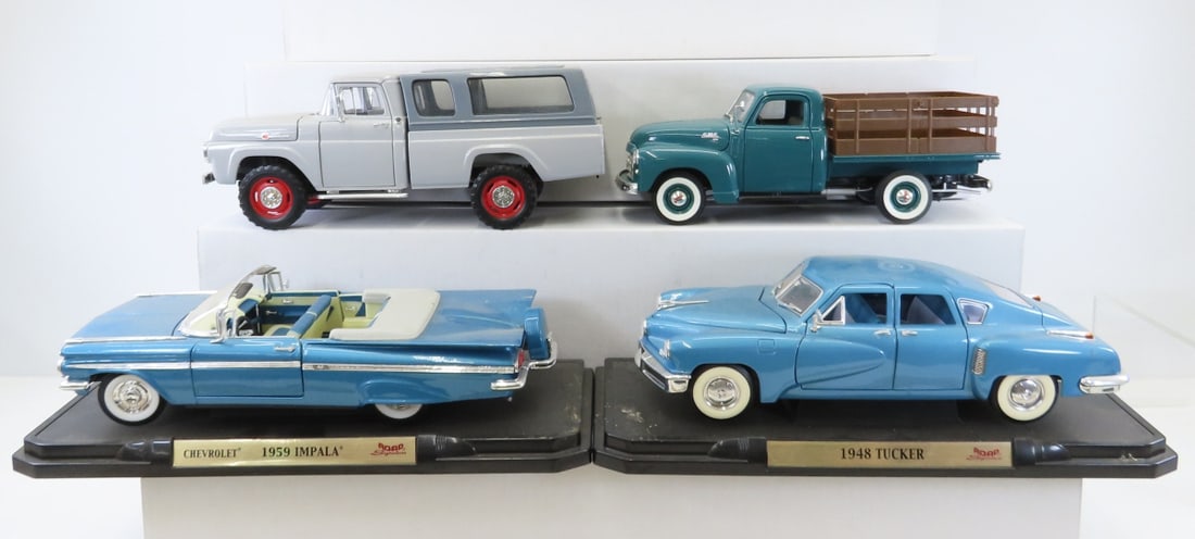 4 Road Signature 1/18 Diecast Cars & Trucks: 4 Road Signature 1/18 Diecast Cars & Trucks - 1959 Ford F-250, 1950 GMC Pickup, 1959 Chevrolet Impala, 1948 Tucker. LOT SIZE: 14x10x10" 10 LBS All information and photos, which are part of the descrip