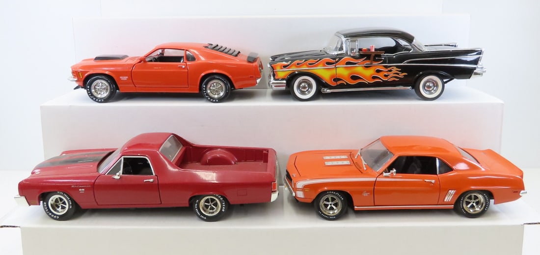 4 ERTL Diecast Cars: Mustang, Camaro, El Camino: 4 ERTL Diecast Cars: Mustang, Camaro, El Camino - All 1/18 diecast. El Camino, 1957 Bel Air, 1969 Camaro, 1970 Mustang. LOT SIZE: 11x9x7" 9 LBS All information and photos, which are part of the descri