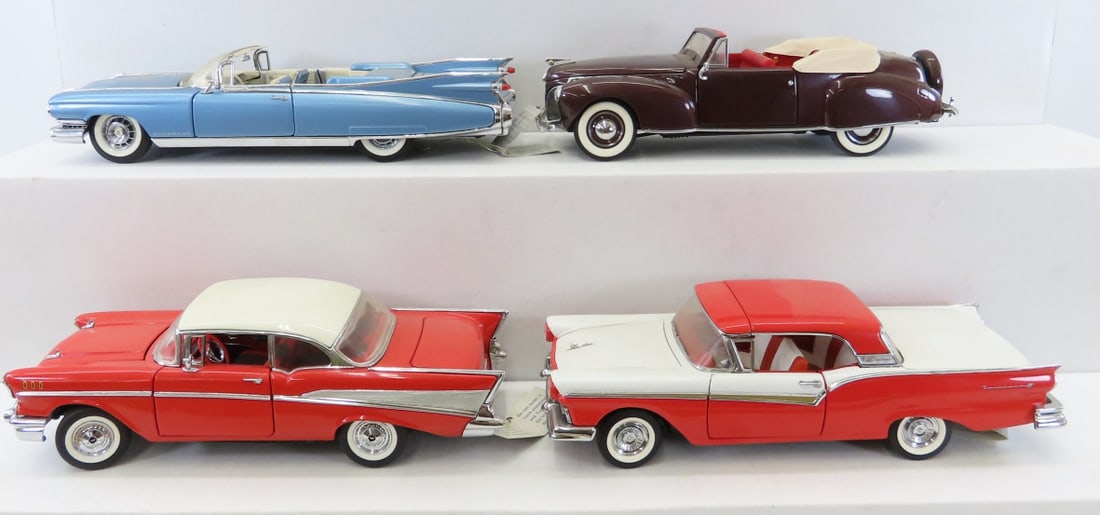 4 Franklin Mint Diecast Cars: Bel Air, Skyliner: 4 Franklin Mint Diecast Cars: Bel Air, Skyliner - All 1/24 Scale, 3 Have Original Tags. 1957 Chevrolet Bel Air, 1941 Lincoln Continental, 1957 Ford Skyliner, 1959 Cadillac El Dorado. LOT SIZE: 9x7x7" 