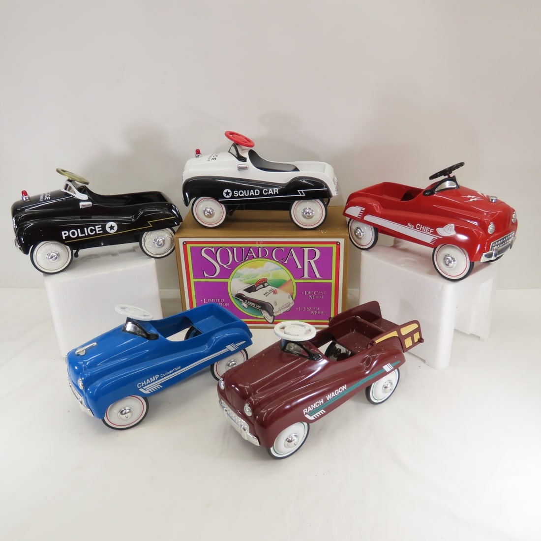 5 Xonex 1/3 Diecast Champ, Ranch & Squad Cars: 5 Xonex 1/3 Diecast Champ, Ranch & Squad Cars - Champ Limited Edition 7,931 of 10,000, Ranch Limited Edition 7,269 of 10,000, Fire Chief, 1,313 of 10,000, Police Chief 868 of 10,000, Squad Car 3525
