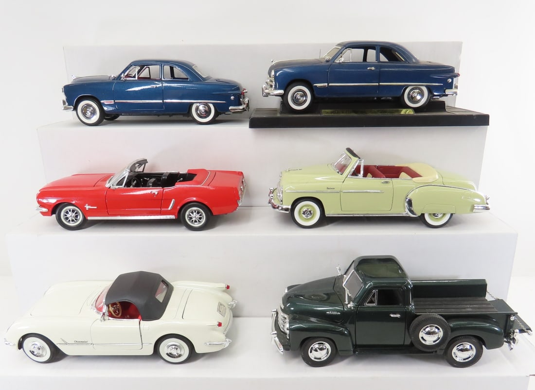 6 Mira Chevrolet & Ford 1/18 Diecast Cars: 6 Mira Chevrolet & Ford 1/18 Diecast Cars - 1950 Chevrolet, 1953 Chevrolet Pickup, (2)1949 Ford Coupe, 1965 Ford Mustang, 1953 Corvette. LOT SIZE: 18x15x6" 10 LBS All information and photos, which are