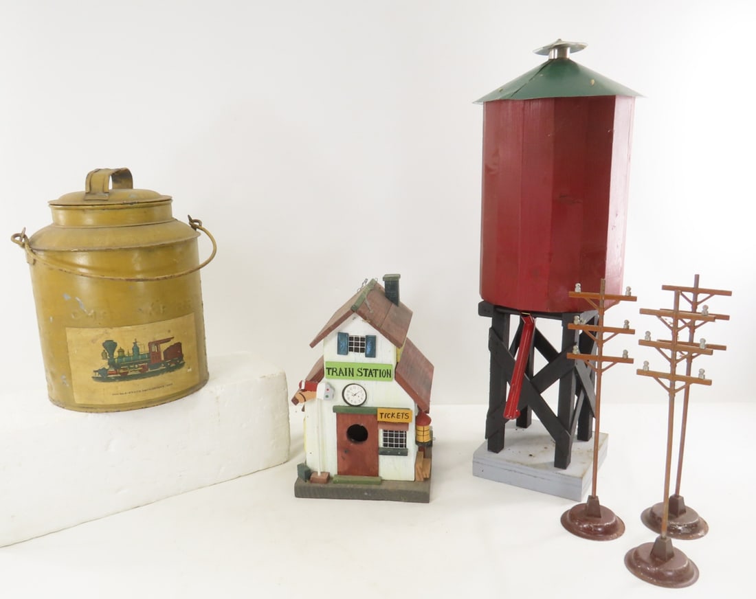 CMSTP&PRR Oil Can, Bird House & Water Tower Model: CMSTP&PRR Oil Can, Bird House & Water Tower Model - painted and decoupaged oil can, hand made 21" wood and metal water tower- for O or S scale train models, and 3 metal telephone poles, LOT SIZE: