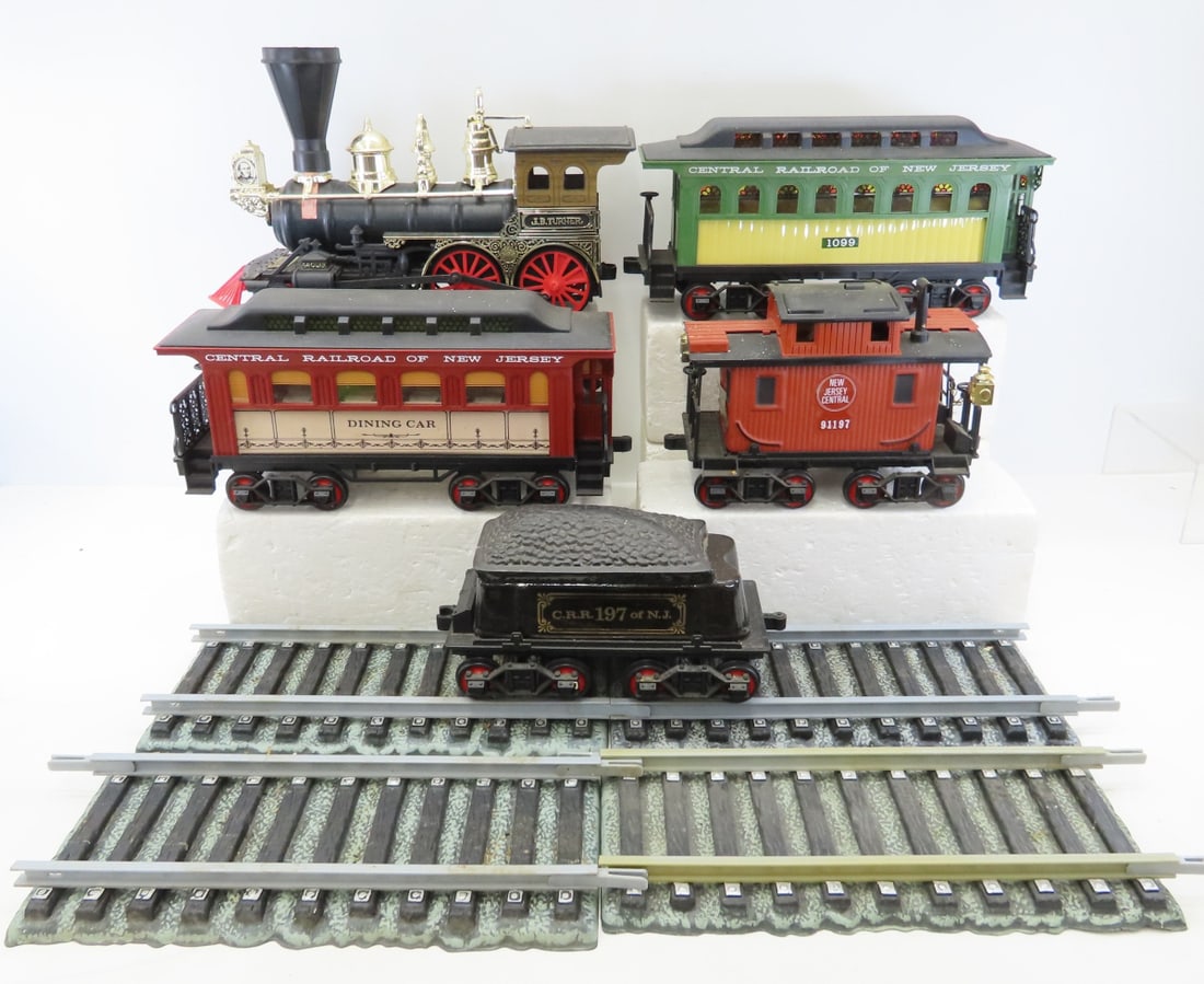 5 Piece Jim Beam Whiskey Train Decanter Set: 5 Piece Jim Beam Whiskey Train Decanter Set - JB Turner G&CURR engine- sealed, 197 CRR of NJ tender - empty, Dining Car of Central New Jersey Railroad - sealed, 1099 Central Railroad of New Jersey
