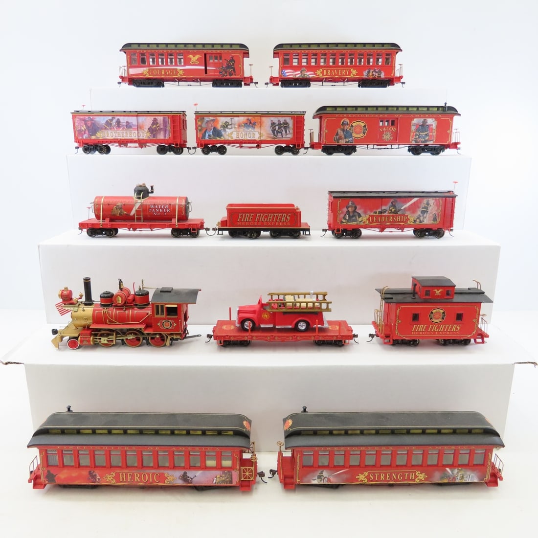 Bachmann Hawthorne Village Firefighters Heroes Exp: Bachmann Hawthorne Village Firefighters Heroes Exp - On30 scale train set, engine, tender, tanker, flatbed with truck, 4 passenger cars, 1 baggage car, and 3 box cars, all plastic, no track or transfo