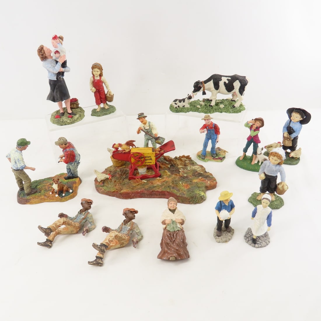 Foxfire Farms, Hallmark & Other Figurines: Foxfire Farms, Hallmark & Other Figurines - Foxfire Farms: Easy Pickin's, Tractor Talk, 2 drivers & Farmer w/tools, most are resin. LOT SIZE: 17x13x9" 8 LBS All information and photos, which are part