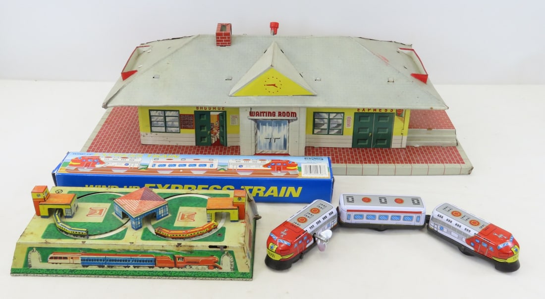 Russian Tin Wind-up Train, Marx Station & More: Russian Tin Wind-up Train, Marx Station & More - Russian Key Wind-up 2 Train tin litho toy- works- with key. Schylling win-up express train in box - works, Marx tin litho Glendale station- record