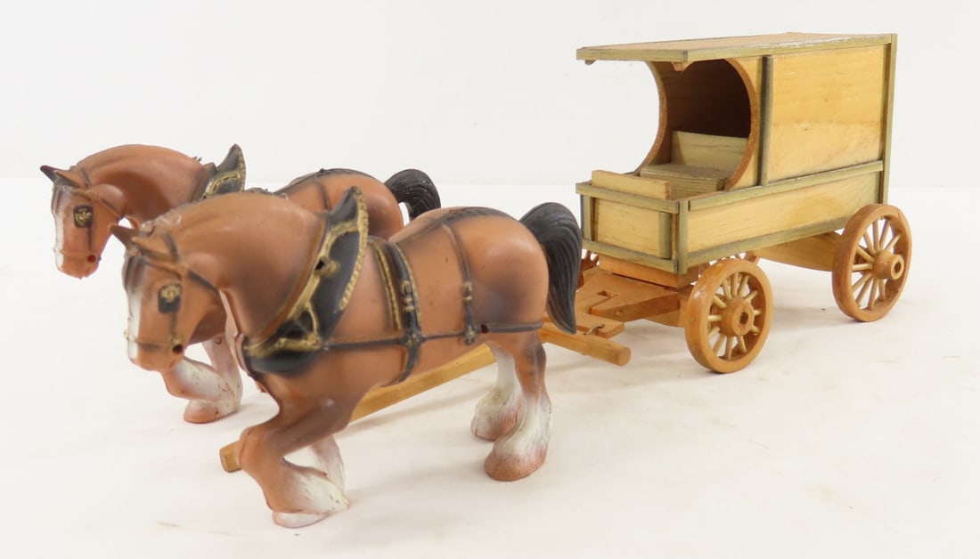 2 Plastic Horses& Darrel Thompson Wood Wagon: 2 Plastic Horses& Darrel Thompson Wood Wagon - approx 1/24 scale, LOT SIZE: 12x5x6" 1 LB All information and photos, which are part of the description, are intended to be as accurate as possible, but