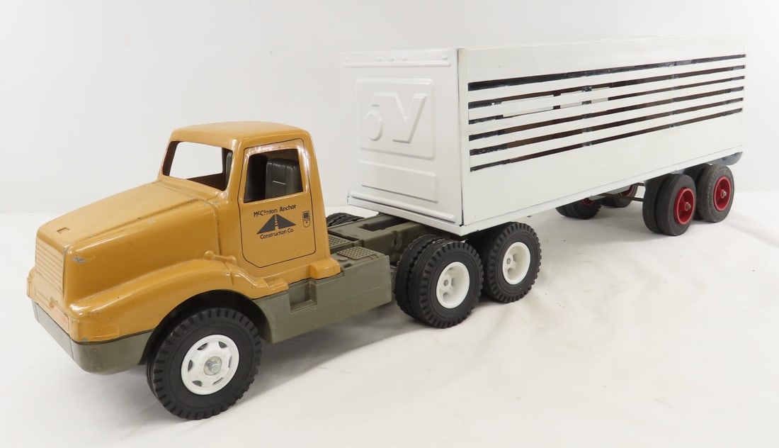 ERTL McClinton-Anchor Cab & Custom Nylint Trailer: ERTL McClinton-Anchor Cab & Custom Nylint Trailer - approx 1/24 diecast, plastic base on cab, trailer has wood slat sides, LOT SIZE: 18x12x9" 8 LBS All information and photos, which are part of the