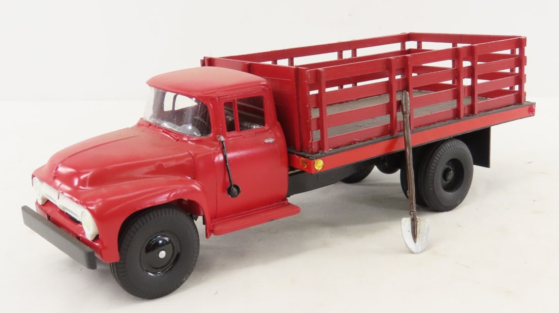 Custom Wood Stake Truck: Custom Wood Stake Truck - side mirror is damaged, unmarked , with metal shovel LOT SIZE: 11x5x4" 1 LB All information and photos, which are part of the description, are intended to be as accurate as p