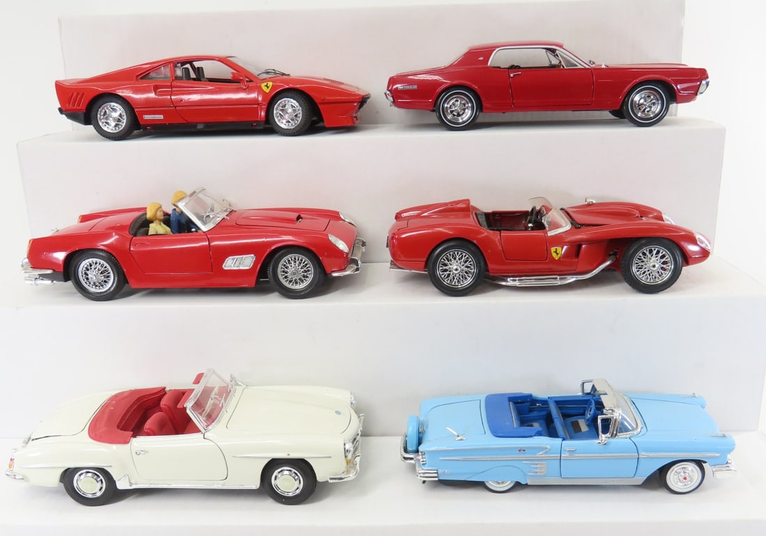 6 Polistil Tonka, Burago & Other Diecast Cars: 6 Polistil Tonka, Burago & Other Diecast Cars - Maisto 1/18 1955 Mercedes Benz 190SL, Sun Star 1/18 Cougar, Burago 1/18 1957 Ferrari 250Testa Rosa, Polistil 1/16 Tonka1957 Ferrari with 2 figures,