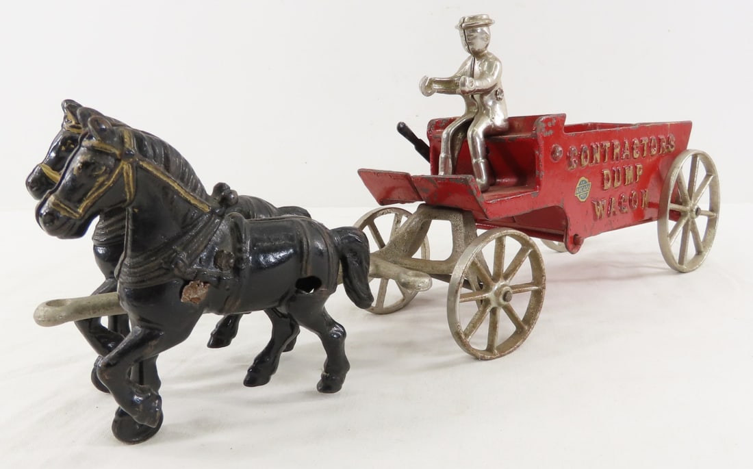 Arcade Cast Iron 2 Horse Contractors Dump Wagon: Arcade Cast Iron 2 Horse Contractors Dump Wagon - dump works, nickel plated driver, LOT SIZE: 14x5x4" 4 LBS All information and photos, which are part of the description, are intended to be as