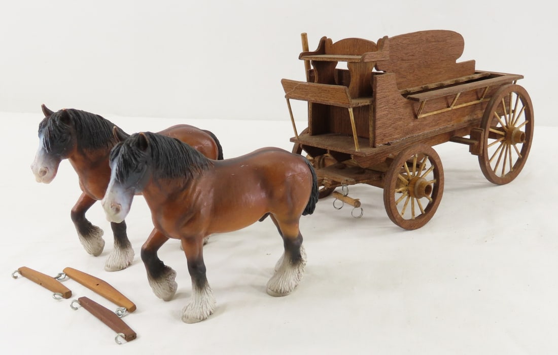 2 Schleich Horses & Custom Balsa Wood Wagon: 2 Schleich Horses & Custom Balsa Wood Wagon - unmarked wagon- all wood or balsa wood, LOT SIZE: 16x5x6" 2 LBS All information and photos, which are part of the description, are intended to be as