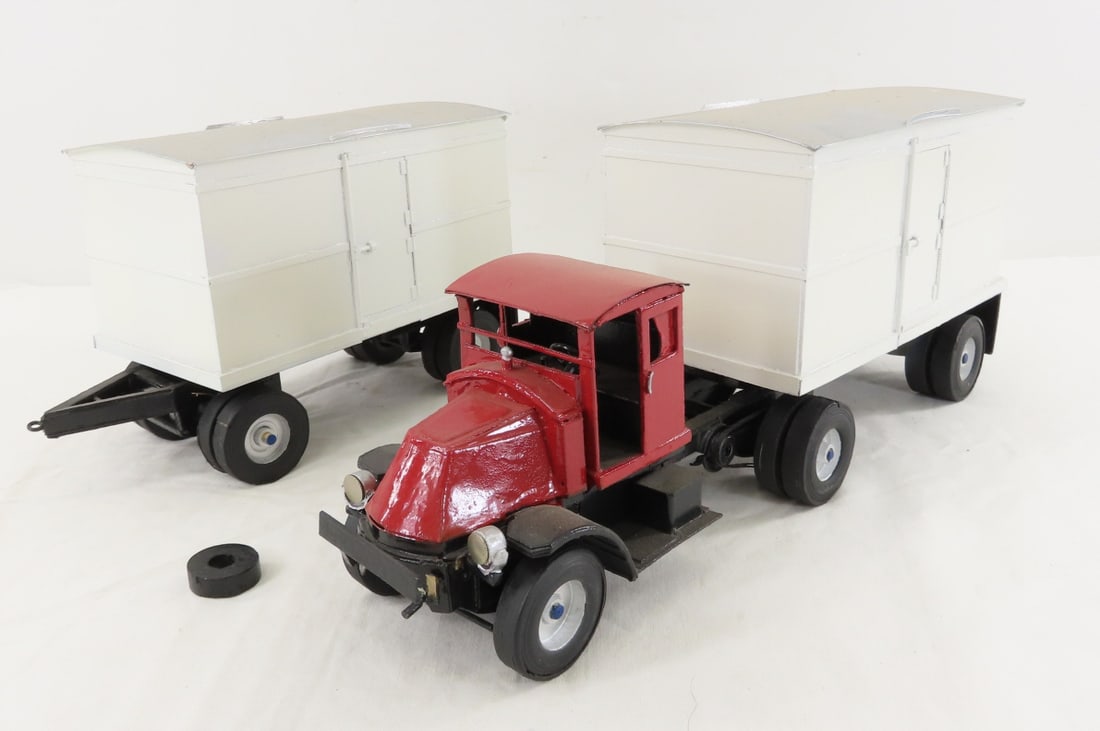 Custom Wood Model Tractor & 2 Trailers: Custom Wood Model Tractor & 2 Trailers - very fragile, doors do not open, unmarked, front bumper is broken, approx 1/24 scale. LOT SIZE: 13x10x6" 2 LBS All information and photos, which are part of
