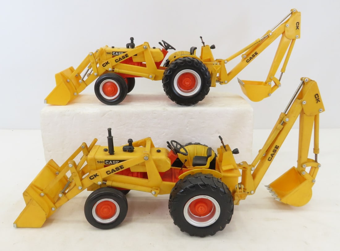 2 Plastic 1960s Case 580CH Backhoe Loaders: 2 Plastic 1960s Case 580CH Backhoe Loaders - made in Hong Kong, approx 1/16 sale, LOT SIZE: 16x11x9" 2 LBS All information and photos, which are part of the description, are intended to be as