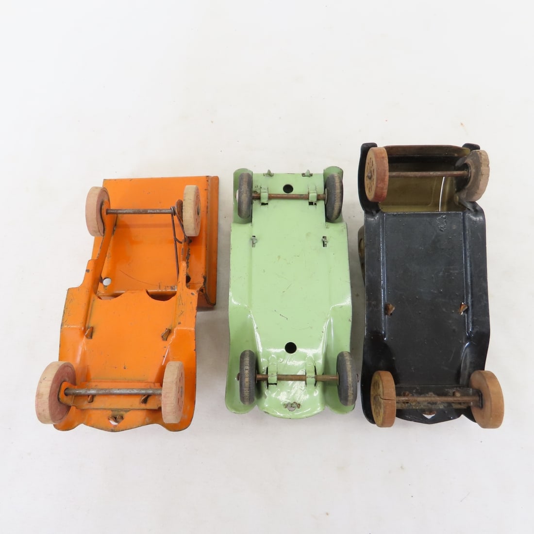 3 Vintage Pressed Steel Cars with Wooden Tires - 17
