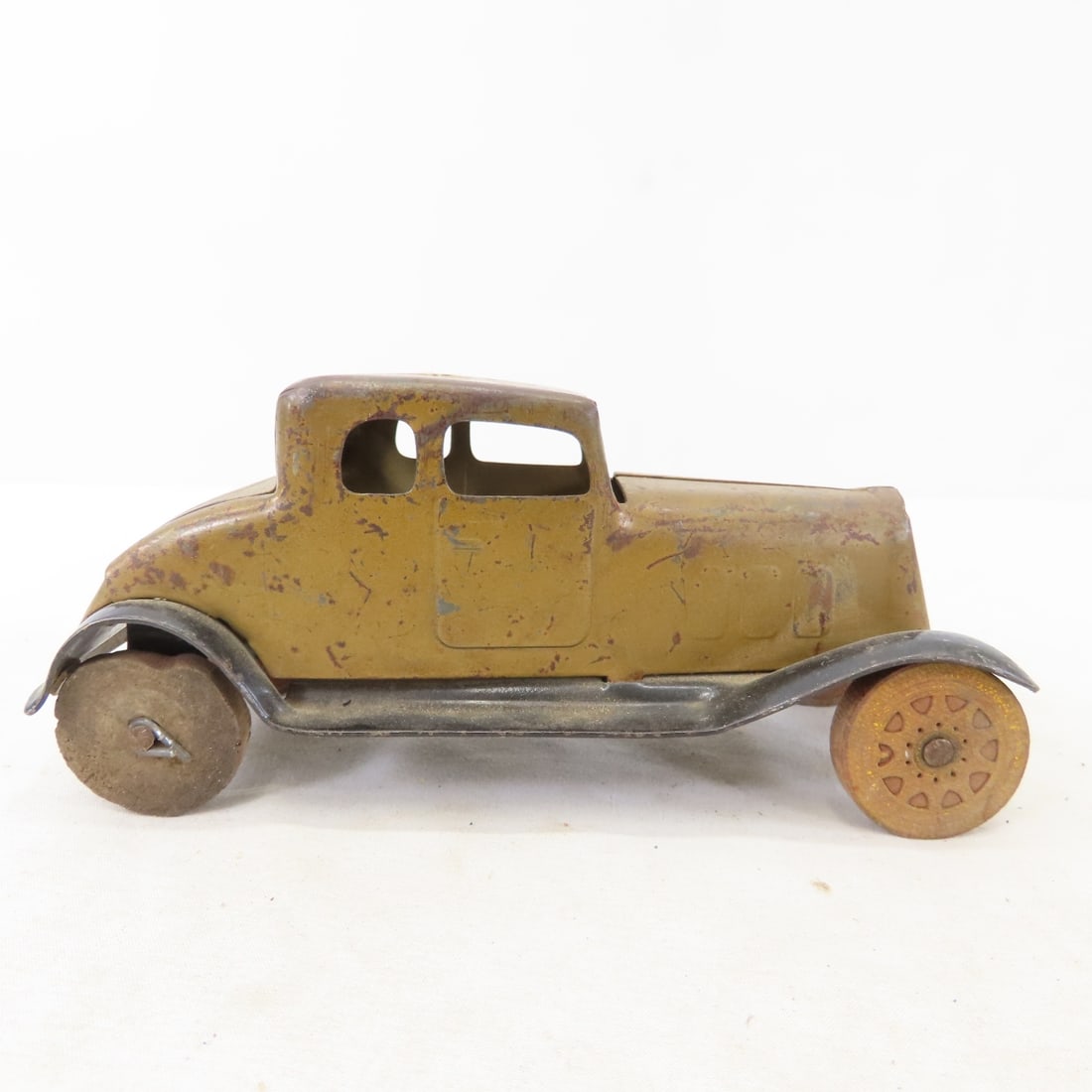 3 Vintage Pressed Steel Cars with Wooden Tires - 9