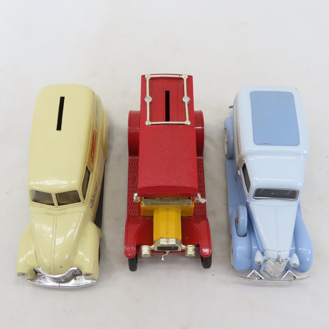 3 Plastic Truck & 3 Metal Car Banks, all have keys - 18