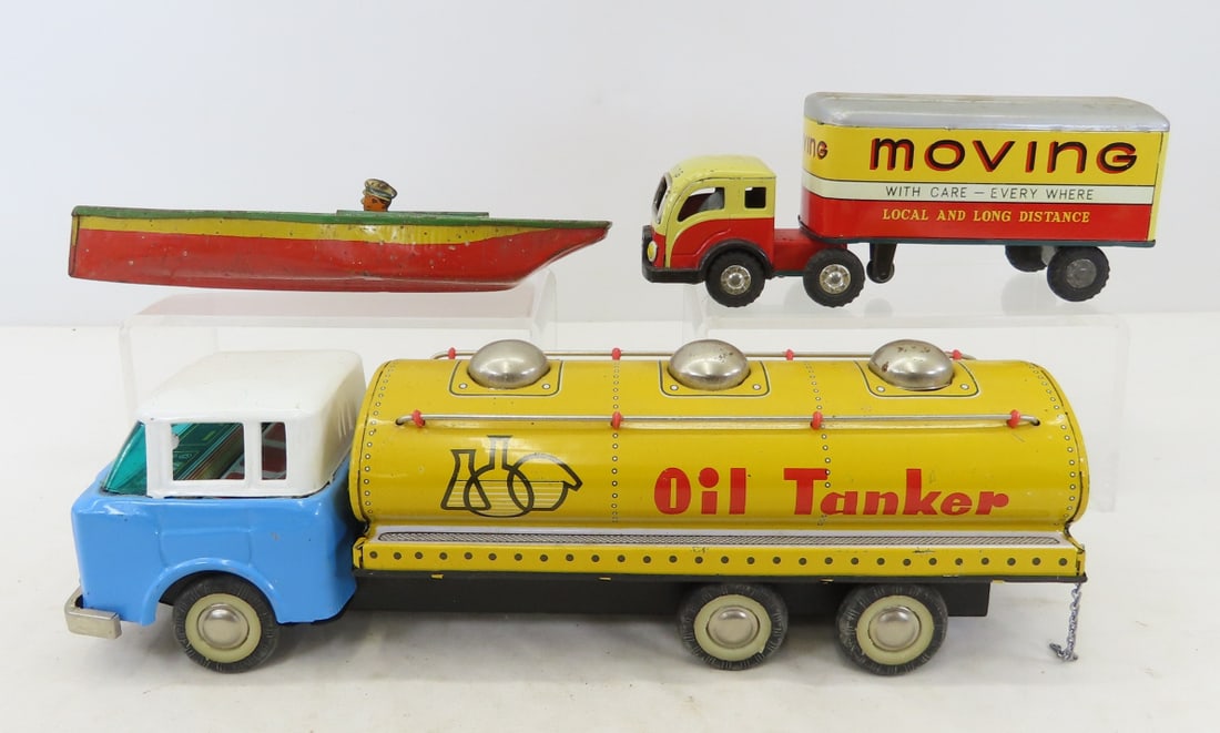 Tin Litho Friction Truck, Moving Truck & Boat: Tin Litho Friction Truck, Moving Truck & Boat - 1/43 tin Friction tanker- made in China- works, 1/+64 scale tin plate moving truck , Lindstrom tin boat- incomplete. LOT SIZE: 14x8x5" 2 LBS All informa