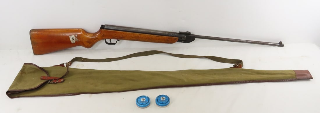 Suhl Haenel Model 303 Break Barrel .177 Air Rifle: Suhl Haenel Model 303 Break Barrel .177 Air Rifle - made in 1960's Germany, 17.5 barrel, OAL is 42.75", good compression, SN# 694495, front & rear sights, wood pistol grip stock. Includes vintage bag