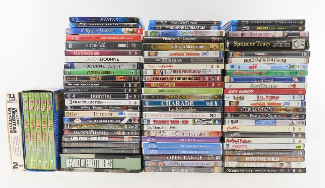 6 Blu-Rays and 75+ DVD's- Mixed Genre: 6 Blu-Rays and 75+ DVD's- Mixed Genre - Band of Brothers Tin Set, Three Stooges box set, Jason Bourne, Indiana Jones and the Crystal Skull, Star Wars ESB, AMC Monsterfest, Pirates of the Caribbean,