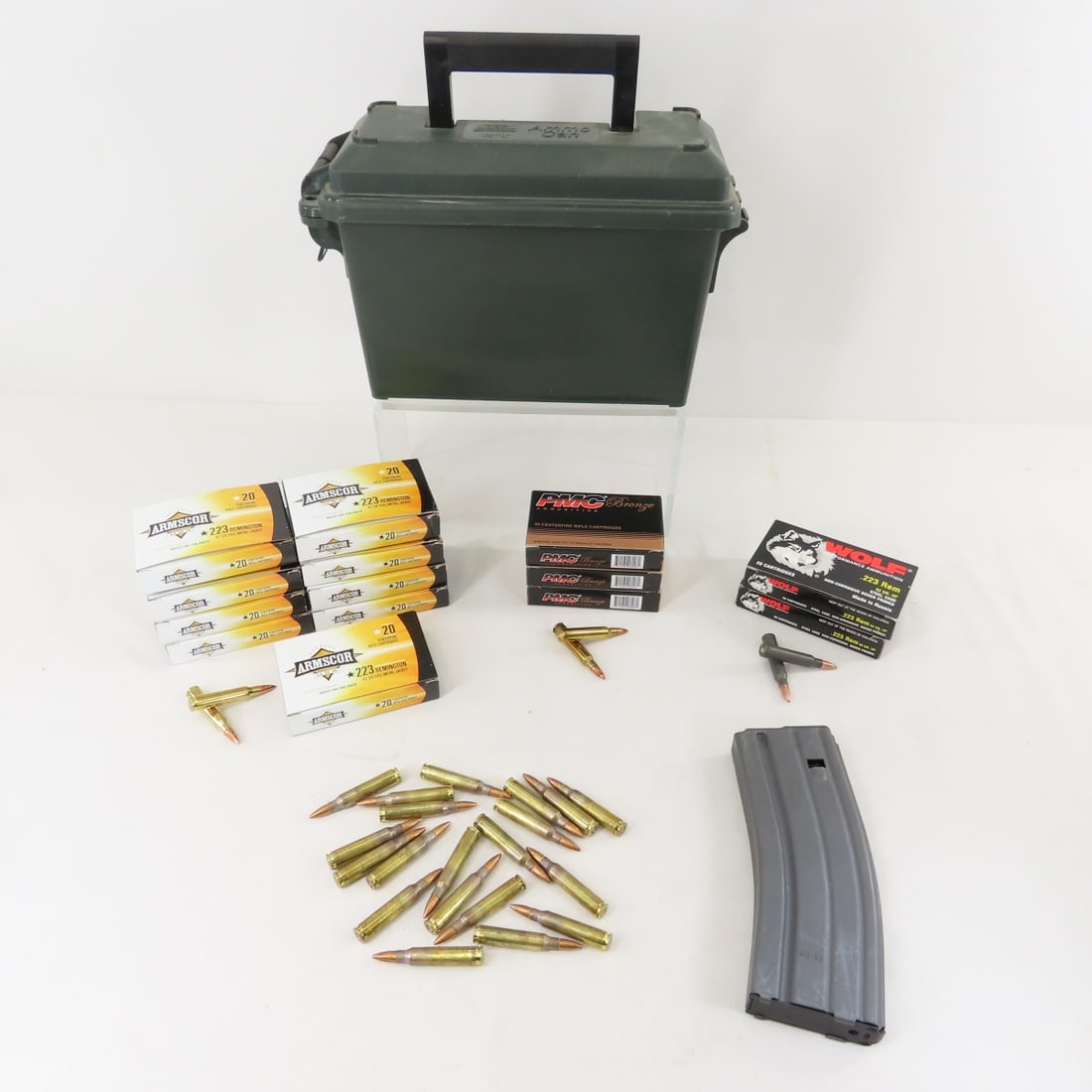 300 Rounds Mixed .223 Ammo & 20rd Magazine: 300 Rounds Mixed .223 Ammo & 20rd Magazine - in plastic ammo can. Lot Size 12x8x6" 9 LB All information and photos are intended to be as accurate as possible, but errors are possible. No item may be