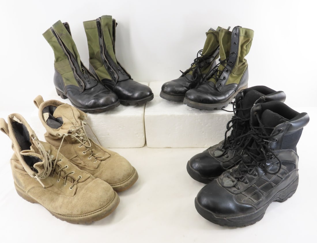 4 Pair Combat Boots, Vibram, Altama & Others: 4 Pair Combat Boots, Vibram, Altama & Others - Altama Size 5-1/2 R, Genesco Size 9W, Bates Size 9.5 W, Herman Survivors Size 9. Lot Size: 14 x 14b x 12", 14 lbs All information and photos are intended